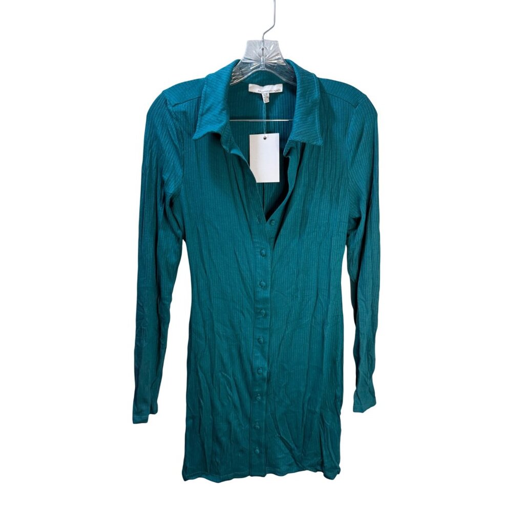 Fourteenth Place‎ Womens Teal Ribbed Long Sleeve Button-Up Shirt